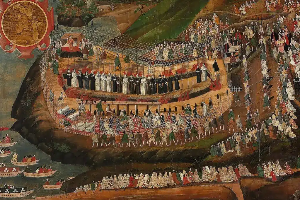 Historical painting of a large crowd gathered around a central circular ceremony in a canyon, with officials in white robes and a long procession surrounding the pit.