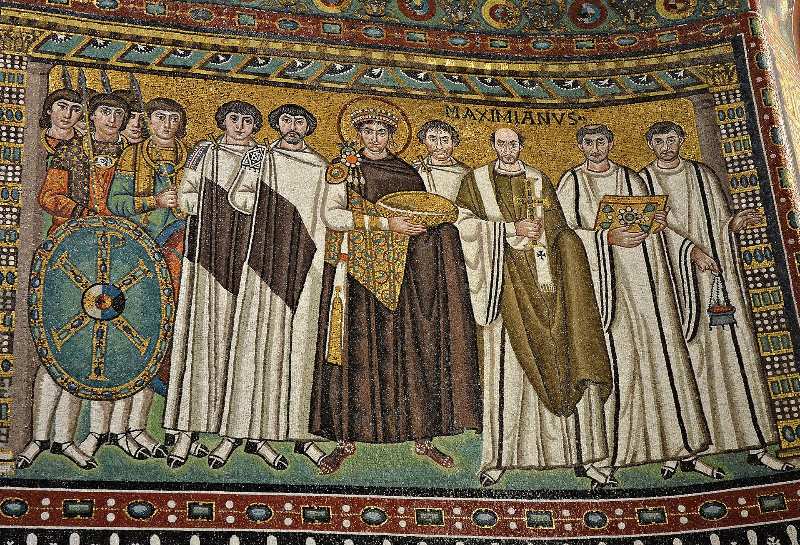 Sixth-century mosaic of the emperor Justinian and his court in the Basilica of San Vitale, Ravenna