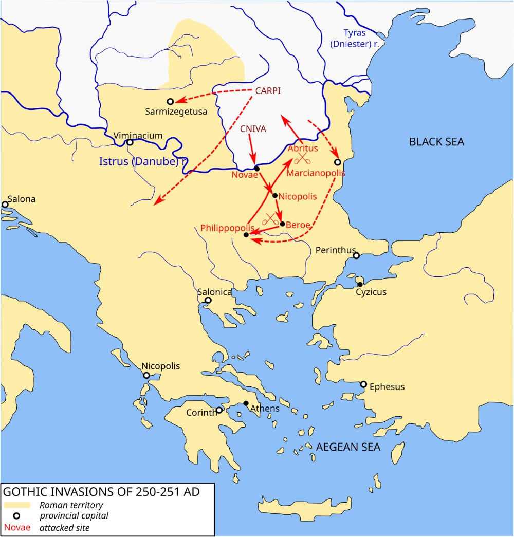 Map of the Balkans showing the Gothic invasion routes of 250 to 251 CE, with Cniva's columns crossing the Danube at Novae and reaching Philippopolis and Abritus