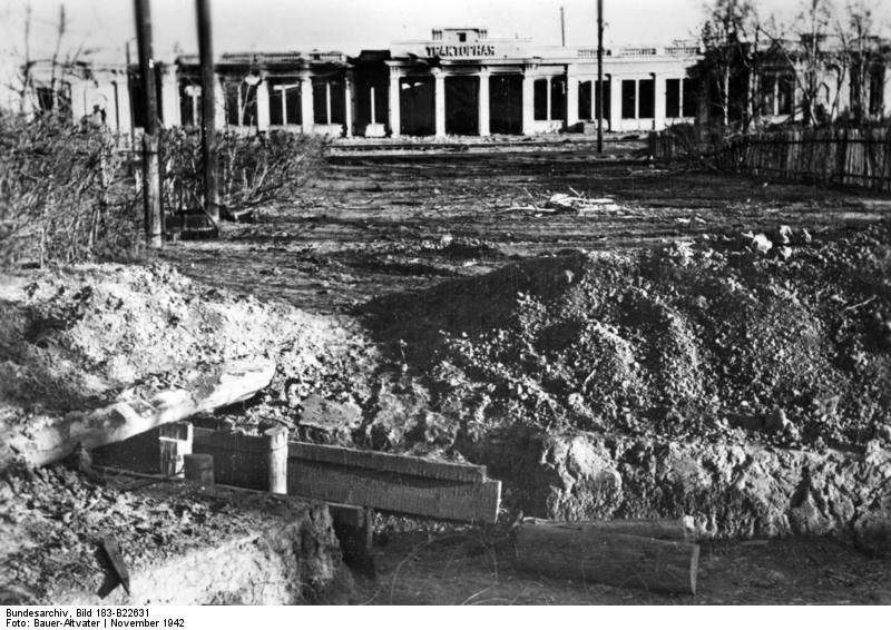 A long view across flattened city blocks and shattered buildings