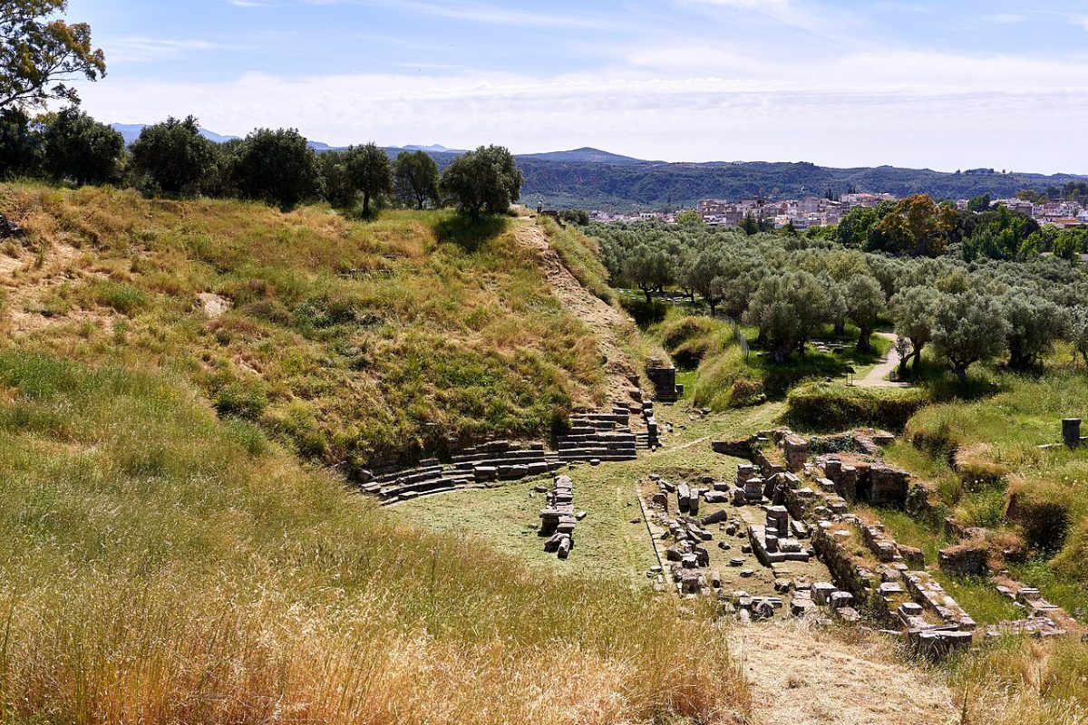 The grassy hollow and scattered stone seating of the ancient theatre of Sparta, with olive groves and the modern town beyond